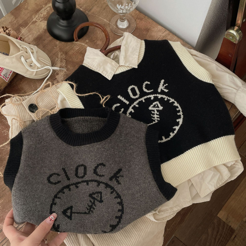 Detská pletená vesta s cartoon jacquard vzorom, okrúhly výstrih, bez rukávov, 55% akryl, pre vek 3–8 rokov