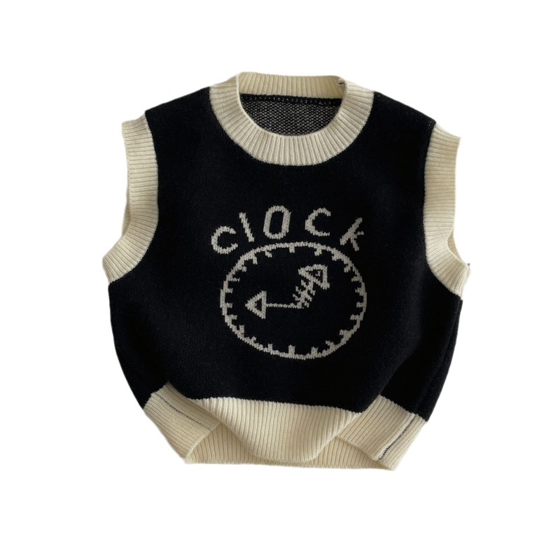 Detská pletená vesta s cartoon jacquard vzorom, okrúhly výstrih, bez rukávov, 55% akryl, pre vek 3–8 rokov