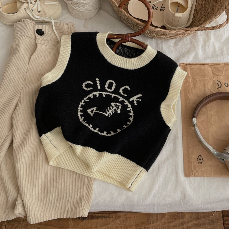 Detská pletená vesta s cartoon jacquard vzorom, okrúhly výstrih, bez rukávov, 55% akryl, pre vek 3–8 rokov