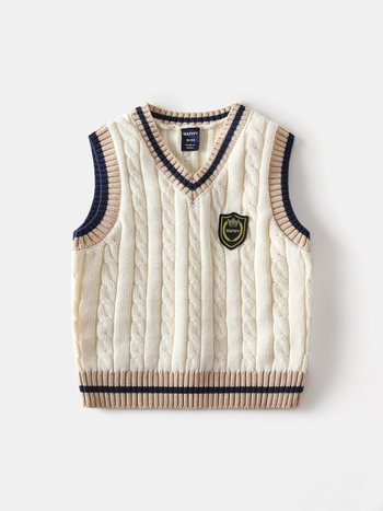 Detská bavlnená pletená vesta s výstrihom do V, erb na hrudi, hrubé vlákno, 100% bavlna
