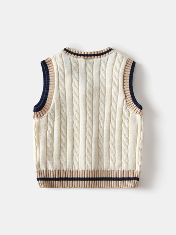 Detská bavlnená pletená vesta s výstrihom do V, erb na hrudi, hrubé vlákno, 100% bavlna
