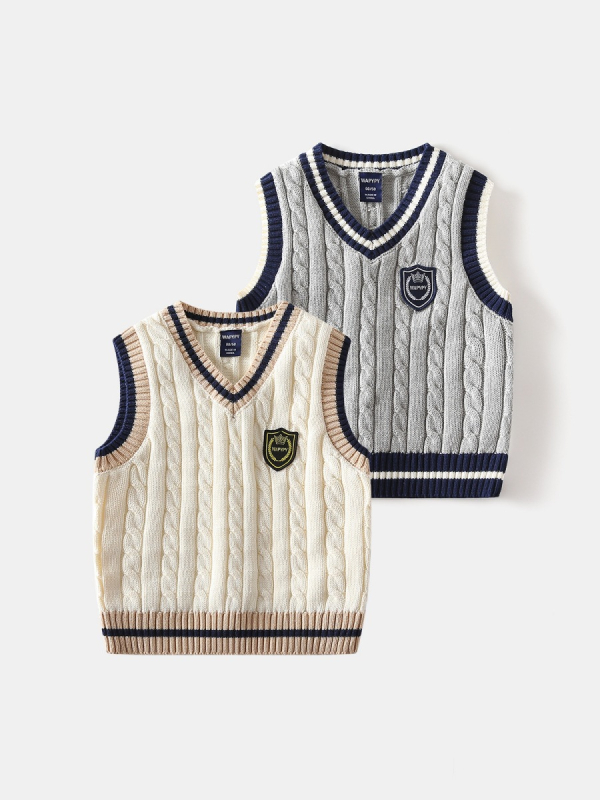 Detská bavlnená pletená vesta s výstrihom do V, erb na hrudi, hrubé vlákno, 100% bavlna
