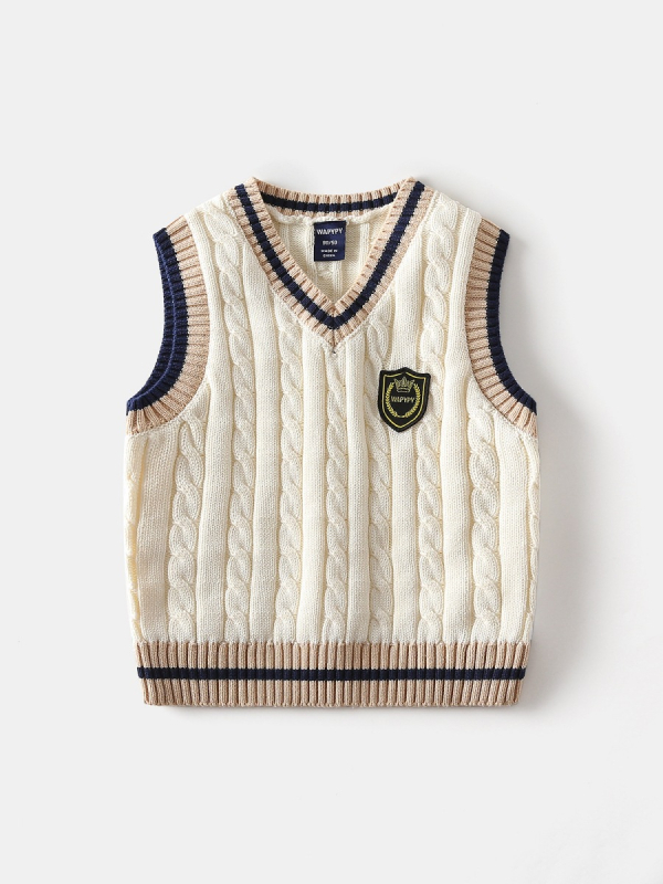 Detská bavlnená pletená vesta s výstrihom do V, erb na hrudi, hrubé vlákno, 100% bavlna
