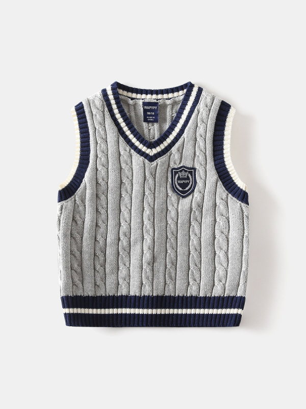 Detská bavlnená pletená vesta s výstrihom do V, erb na hrudi, hrubé vlákno, 100% bavlna