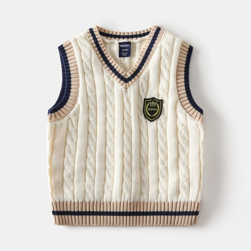 Detská bavlnená pletená vesta s výstrihom do V, erb na hrudi, hrubé vlákno, 100% bavlna