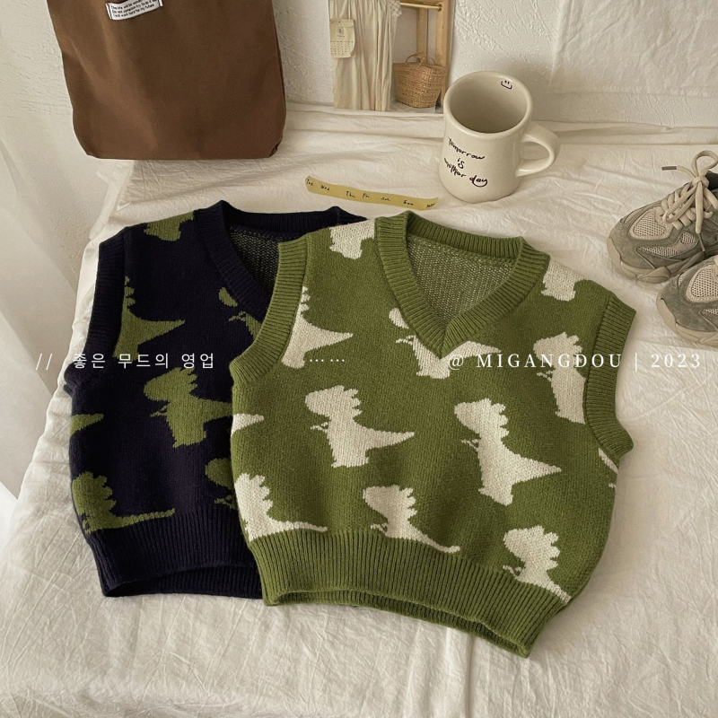 Detská pletená bezruková vesta s dinosaurom jacquardom, V-krk, kórejský štýl, pre vek 3–8 rokov.