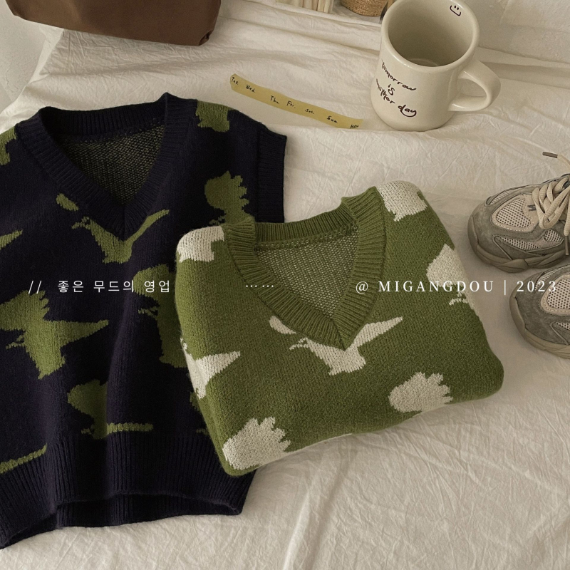 Detská pletená bezruková vesta s dinosaurom jacquardom, V-krk, kórejský štýl, pre vek 3–8 rokov.