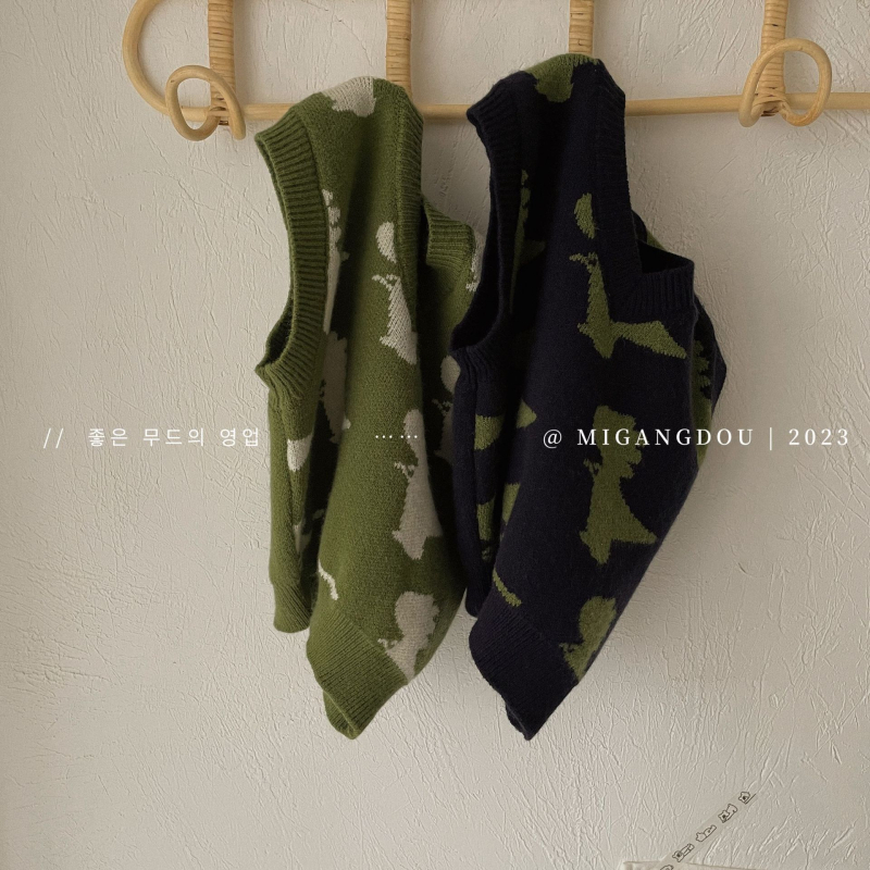 Detská pletená bezruková vesta s dinosaurom jacquardom, V-krk, kórejský štýl, pre vek 3–8 rokov.