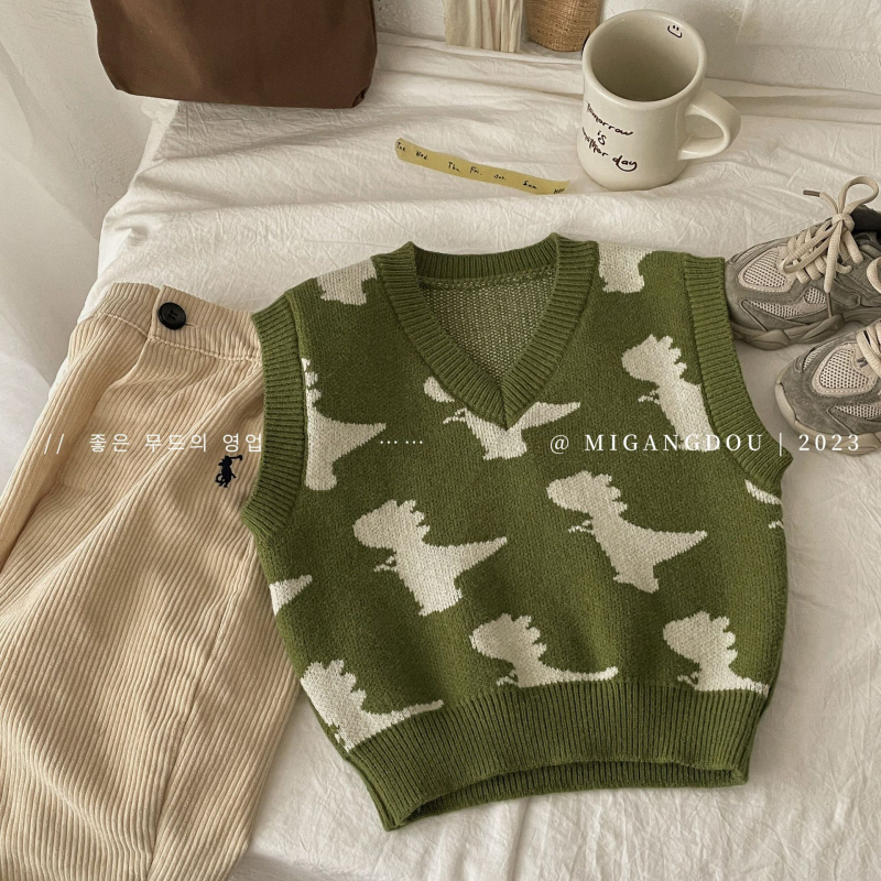 Detská pletená bezruková vesta s dinosaurom jacquardom, V-krk, kórejský štýl, pre vek 3–8 rokov.