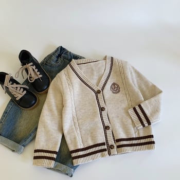 Detský pletený sveter s vyšívaným koledžovým štýlom - akrylové vlákno, dlhý rukáv, unisex, vek 3–8 rokov