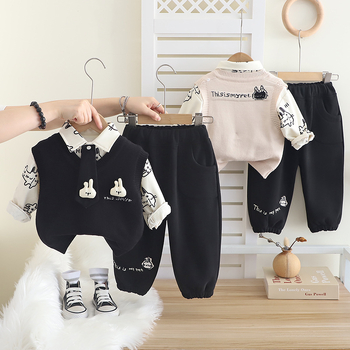 Chlapčenský jesennozimný trojčlenný set nohavicový bavlnený kostým s fleecovým podšitím, s motívom karikatúry