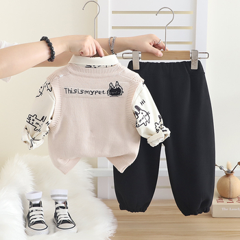 Chlapčenský jesennozimný trojčlenný set nohavicový bavlnený kostým s fleecovým podšitím, s motívom karikatúry