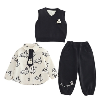 Chlapčenský jesennozimný trojčlenný set nohavicový bavlnený kostým s fleecovým podšitím, s motívom karikatúry