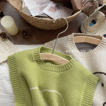 Detská pletená vesta s jacfardovým slonom, bez rukávov, okrúhly výstrih, akrylový úplet, pre deti 3–8 rokov