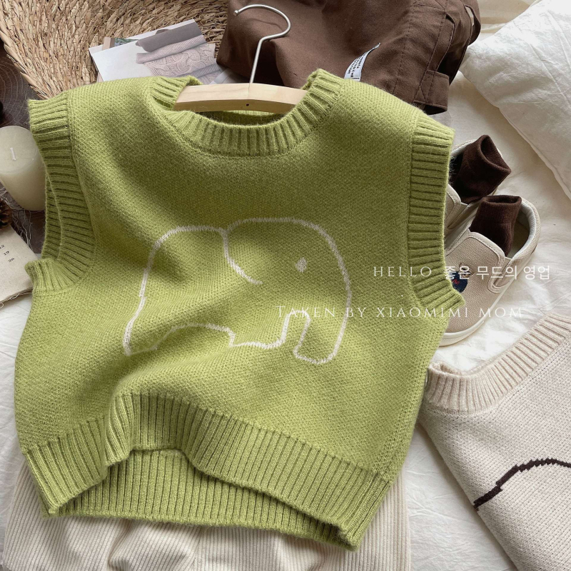 Detská pletená vesta s jacfardovým slonom, bez rukávov, okrúhly výstrih, akrylový úplet, pre deti 3–8 rokov