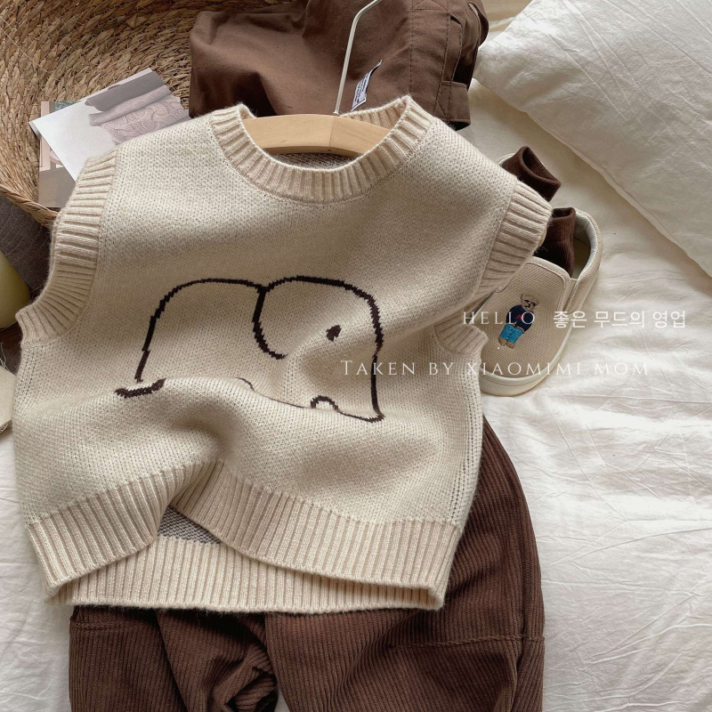 Detská pletená vesta s jacfardovým slonom, bez rukávov, okrúhly výstrih, akrylový úplet, pre deti 3–8 rokov