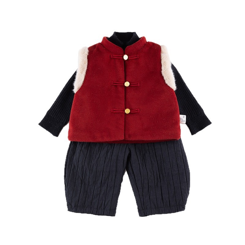 Zimný trojčlenný set pre chlapca, čínske štýl, hrubá látka, dlhé rukávy, bez kapucne