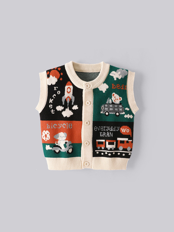 Detská bavlnená pletená vesta v kórejskom štýle s kruhovým výstrihom, bez rukávov a karikatúrnymi motívmi