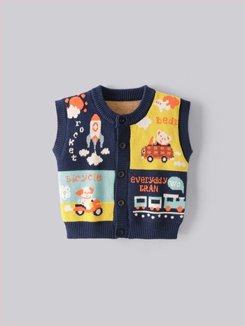 Detská bavlnená pletená vesta v kórejskom štýle s kruhovým výstrihom, bez rukávov a karikatúrnymi motívmi