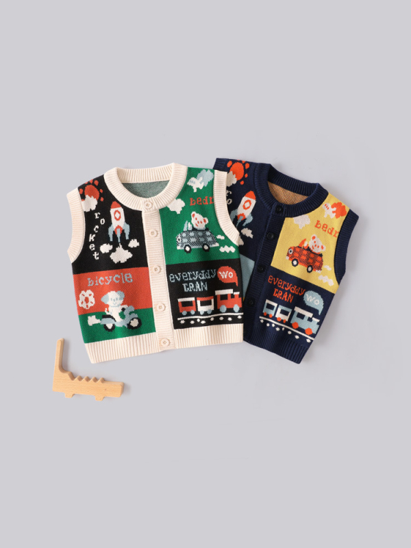 Detská bavlnená pletená vesta v kórejskom štýle s kruhovým výstrihom, bez rukávov a karikatúrnymi motívmi