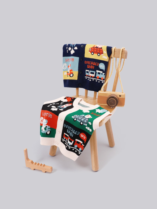 Detská bavlnená pletená vesta v kórejskom štýle s kruhovým výstrihom, bez rukávov a karikatúrnymi motívmi