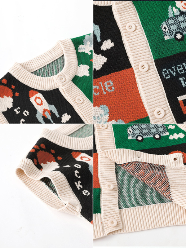 Detská bavlnená pletená vesta v kórejskom štýle s kruhovým výstrihom, bez rukávov a karikatúrnymi motívmi