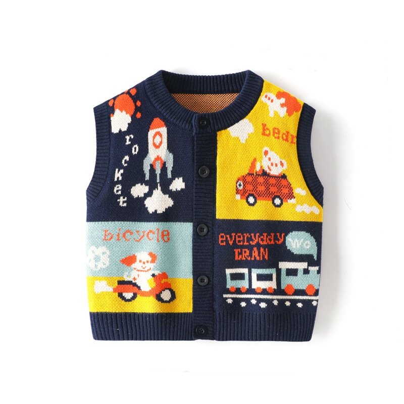 Detská bavlnená pletená vesta v kórejskom štýle s kruhovým výstrihom, bez rukávov a karikatúrnymi motívmi