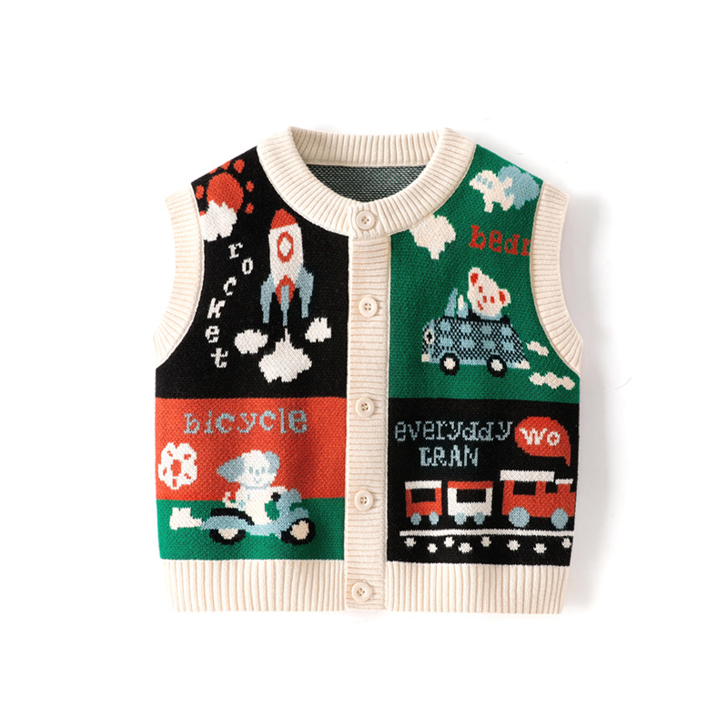 Detská bavlnená pletená vesta v kórejskom štýle s kruhovým výstrihom, bez rukávov a karikatúrnymi motívmi
