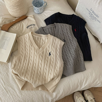 Detská pletená vesta bez rukávov, unisex, V-krk, výšivka s poníkom, 55% akrylové vlákno, jar a jeseň