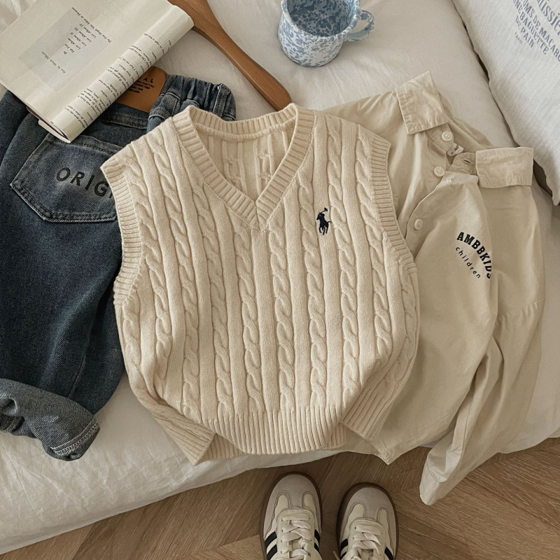 Detská pletená vesta bez rukávov, unisex, V-krk, výšivka s poníkom, 55% akrylové vlákno, jar a jeseň