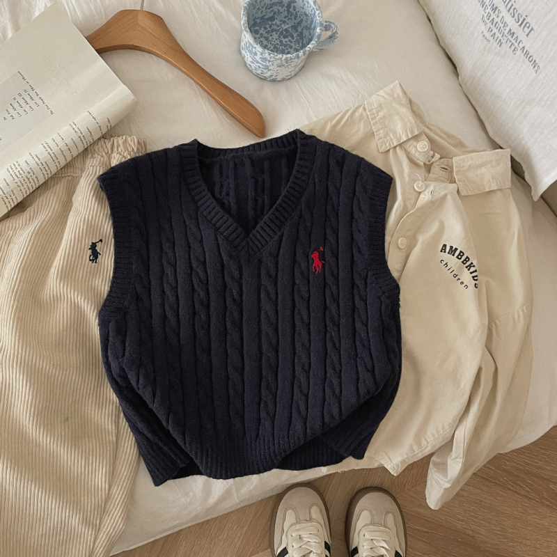 Detská pletená vesta bez rukávov, unisex, V-krk, výšivka s poníkom, 55% akrylové vlákno, jar a jeseň