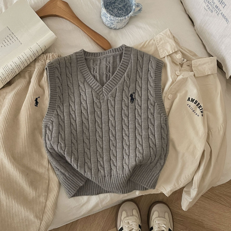 Detská pletená vesta bez rukávov, unisex, V-krk, výšivka s poníkom, 55% akrylové vlákno, jar a jeseň