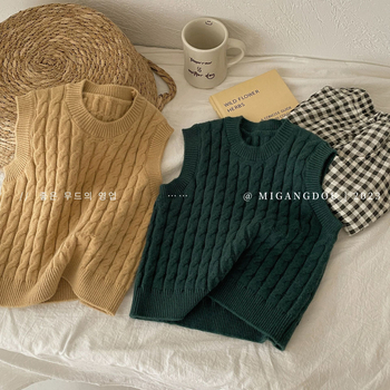 Detská bezrukávová pletená vesta, kórejský štýl, pletené akrylové látky s mäkkým vzhľadom, okrúhly výstrih, pre deti 3–8 rokov, jar a jeseň
