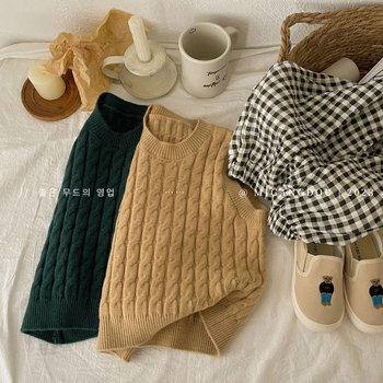 Detská bezrukávová pletená vesta, kórejský štýl, pletené akrylové látky s mäkkým vzhľadom, okrúhly výstrih, pre deti 3–8 rokov, jar a jeseň