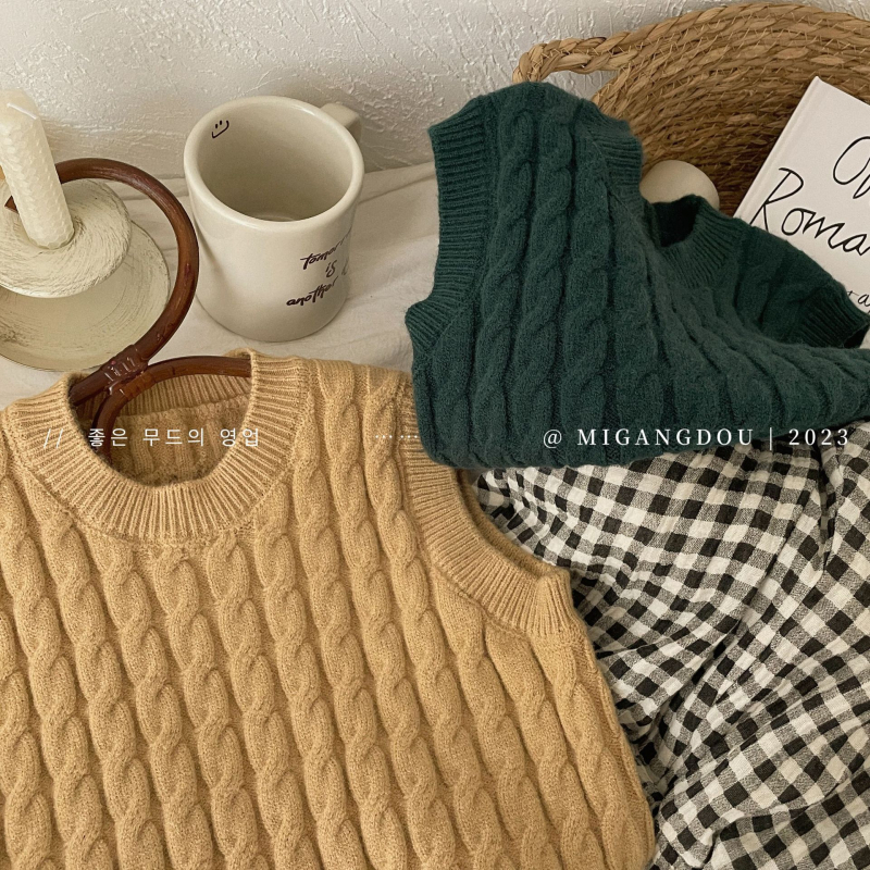 Detská bezrukávová pletená vesta, kórejský štýl, pletené akrylové látky s mäkkým vzhľadom, okrúhly výstrih, pre deti 3–8 rokov, jar a jeseň