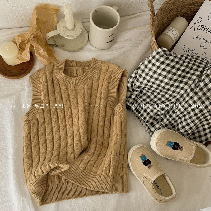 Detská bezrukávová pletená vesta, kórejský štýl, pletené akrylové látky s mäkkým vzhľadom, okrúhly výstrih, pre deti 3–8 rokov, jar a jeseň