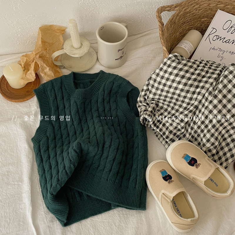 Detská bezrukávová pletená vesta, kórejský štýl, pletené akrylové látky s mäkkým vzhľadom, okrúhly výstrih, pre deti 3–8 rokov, jar a jeseň