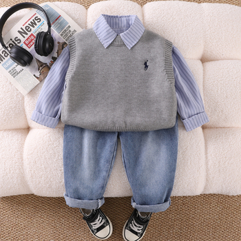 Detský 3-dielny oblek pre chlapcov: vesta a košeľa a nohavice; bavlna 70%; dlhé rukávy; vek 1–3 roky; jar/jeseň