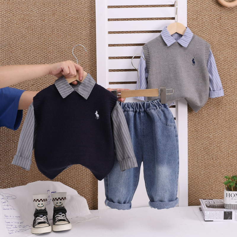 Detský 3-dielny oblek pre chlapcov: vesta a košeľa a nohavice; bavlna 70%; dlhé rukávy; vek 1–3 roky; jar/jeseň