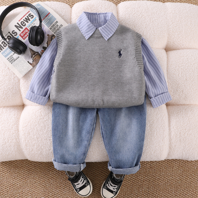 Detský 3-dielny oblek pre chlapcov: vesta a košeľa a nohavice; bavlna 70%; dlhé rukávy; vek 1–3 roky; jar/jeseň