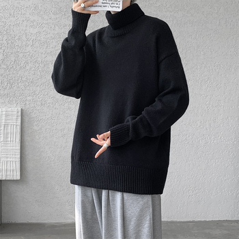 Ανδρικό πουλόβερ με ψηλό γιακά, βαρύ μάλλινο πλεκτό, χαλαρή γραμμή, μακριά μανίκια, 70% μαλλί