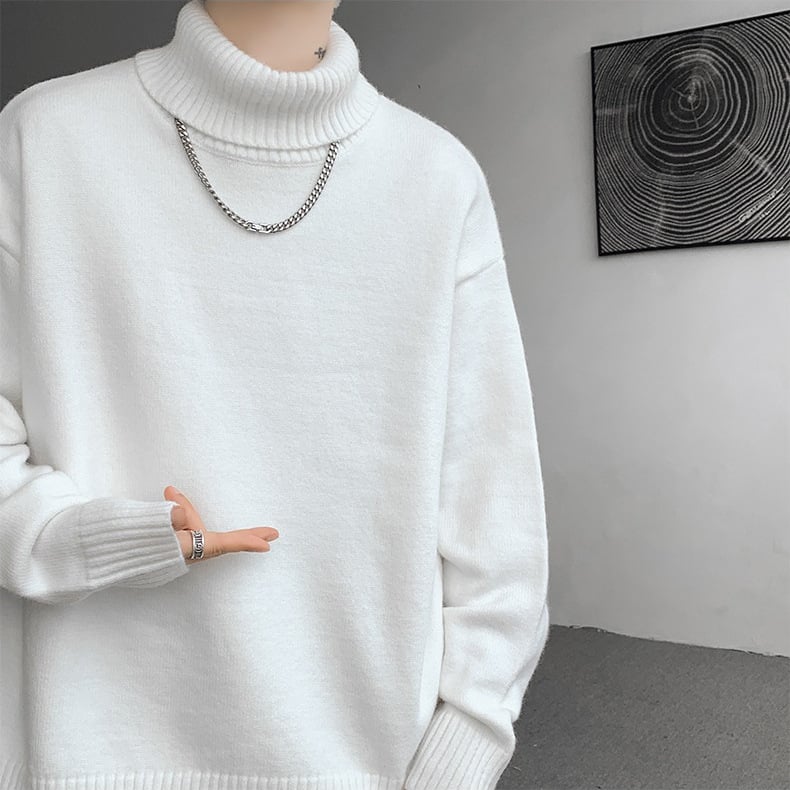 Ανδρικό πουλόβερ με ψηλό γιακά, βαρύ μάλλινο πλεκτό, χαλαρή γραμμή, μακριά μανίκια, 70% μαλλί