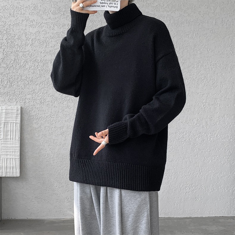 Ανδρικό πουλόβερ με ψηλό γιακά, βαρύ μάλλινο πλεκτό, χαλαρή γραμμή, μακριά μανίκια, 70% μαλλί