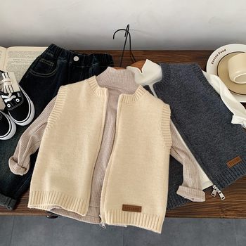 Detská pletená vesta v kórejskom štýle, bez rukávov, na zips, unisex, jeseň