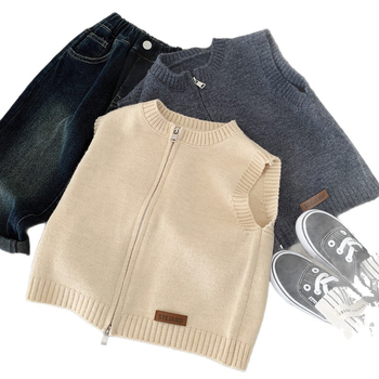 Detská pletená vesta v kórejskom štýle, bez rukávov, na zips, unisex, jeseň