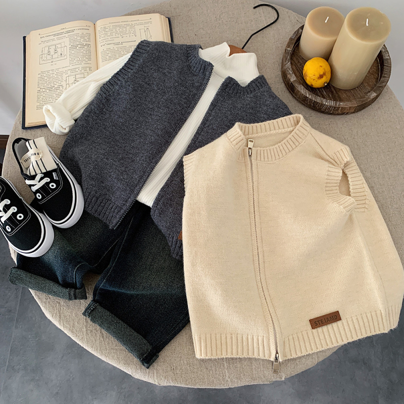 Detská pletená vesta v kórejskom štýle, bez rukávov, na zips, unisex, jeseň