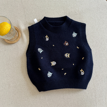 Dvojdielny pletený set vestičiek pre deti s vyšívaným mačiatkom, kórejský štýl, unisex, 90% bavlna