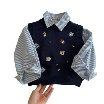 Dvojdielny pletený set vestičiek pre deti s vyšívaným mačiatkom, kórejský štýl, unisex, 90% bavlna