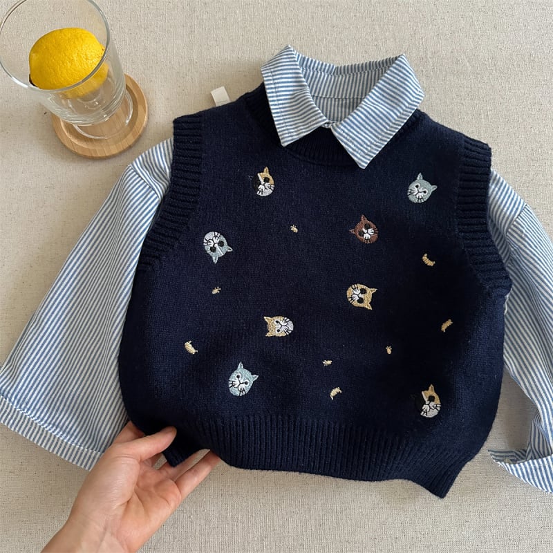 Dvojdielny pletený set vestičiek pre deti s vyšívaným mačiatkom, kórejský štýl, unisex, 90% bavlna