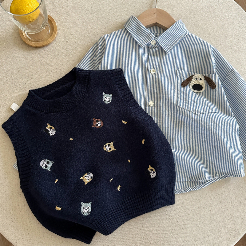 Dvojdielny pletený set vestičiek pre deti s vyšívaným mačiatkom, kórejský štýl, unisex, 90% bavlna